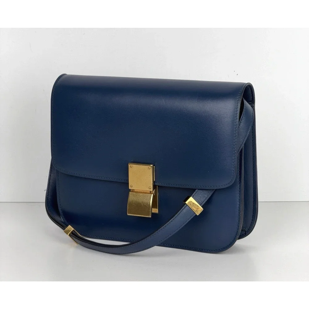 Celine Classic Box Bag Medium Blue Calfskin Leather Gold-Tone Hardware R1 - Picture 1 of 16